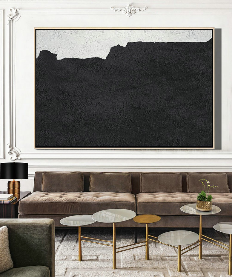 Large Canvas Wall Art For Sale,Hand Painted Oversized Horizontal Minimal Art On Canvas, Black And White Minimalist Painting - Canvas Artwork For Sale